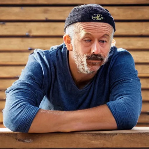 Prompt: a photograph of an ordinary man hanging out on his deck, looking scared to be