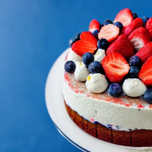 Prompt: A photo of a cake from the side with cream on the sides and strawberries, raspberries and blueberries in circles on top. Sun in back. 4K. Cinematic lighting. High detail. Realistic. Delicious