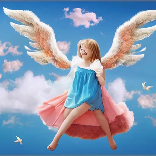 Prompt: bright blu sky. fluffy clouds. angels with big wings wake - up