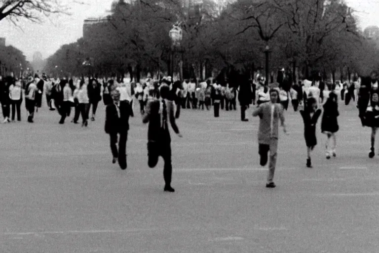 Prompt: CCTV Footage slenderman on the mall, scared people, people running, black and white, year 1990s