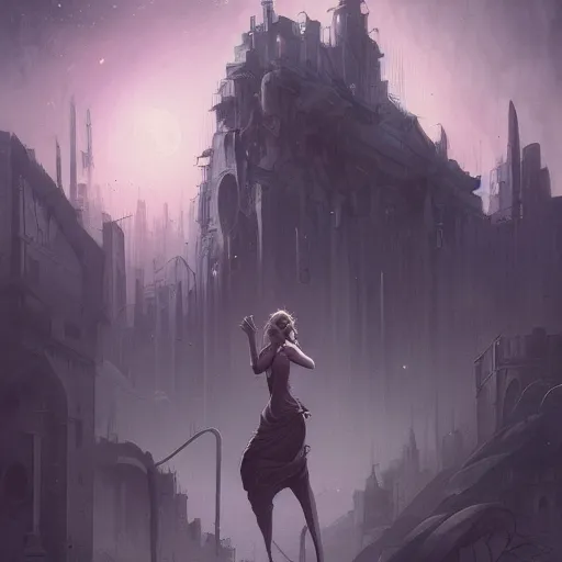 Image similar to a detailed illustration of a weeping woman against the background of a ravaged city and a dark moonlit sky, artstation, by Peter Mohrbacher, Art Nouveau, sophisticated, Unreal engine, dystopia, anti-utopia, post processing, nostalgic melancholic artwork, intricate