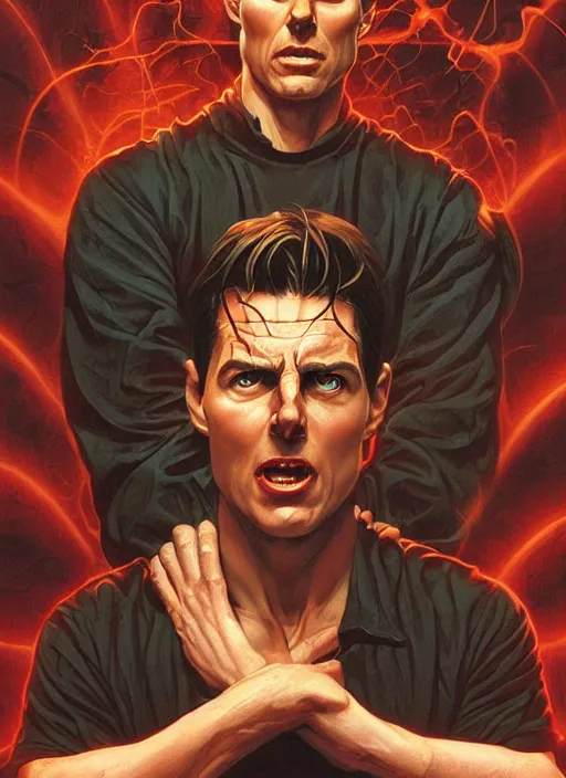 Prompt: poster artwork by Michael Whelan and Tomer Hanuka, Karol Bak of Tom Cruise possessed by the evil BOB, feeding on his insecurities and pain, making him confident and commit unspeakable acts, from scene from Twin Peaks, clean