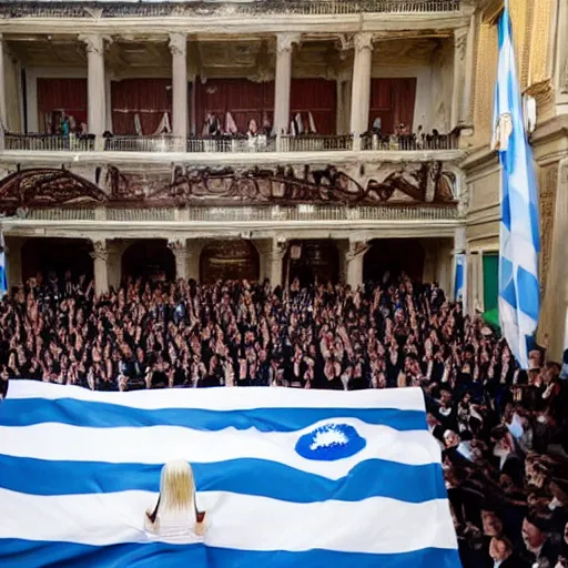 Prompt: Lady Gaga in the Argentine congress, Flags of Argentina behind, bokeh, detailed, hd, as Cristina Kirchner