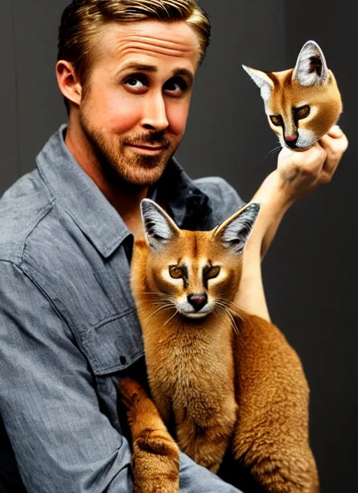 Image similar to Ryan Gosling holds a caracal cat in his hands, ultra highly detailed, smooth, sharp focus, elegant, artstation