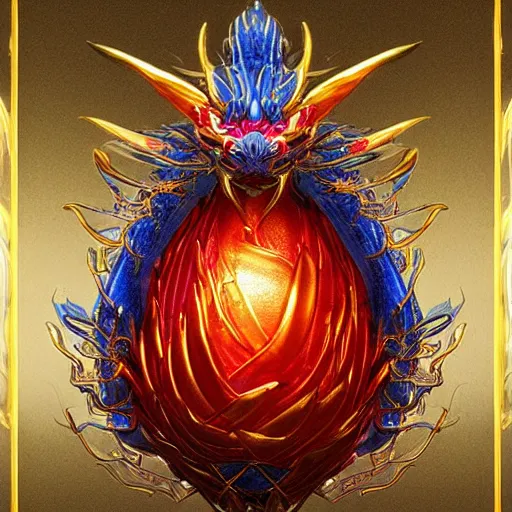 Image similar to an elaborate glowing red and blue dragon egg emerging from the blossom of a metallic gold flower with tendrils of gold wrapping around the egg, fantasy concept art