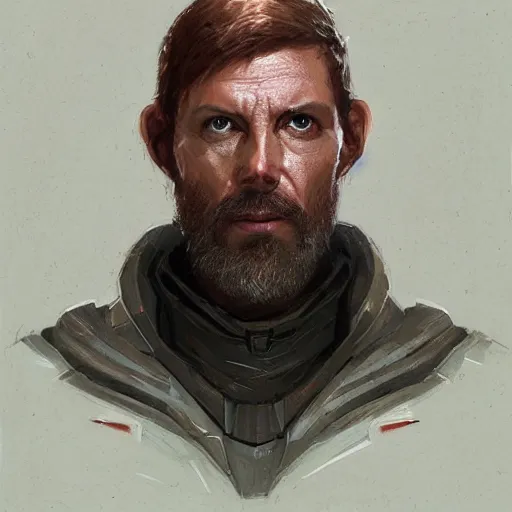 Image similar to portrait of a man by greg rutkowski, a jedi commander, british features, short copper hair, straight jaw, wise appearance, wearing the tactical gear of the galactic alliance, star wars expanded universe, he is about 4 0 years old, highly detailed portrait, digital painting, artstation, concept art, smooth, sharp foccus ilustration, artstation hq