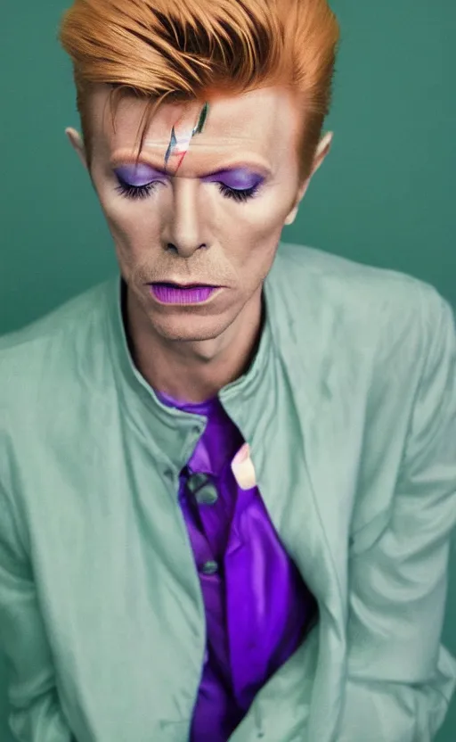 Image similar to a realistic photo of blond David Bowie in purple jacket and light green shirt, studio photography , dark grey background, softly backlit, gentle smoke effect, photo courtesy Museum of art