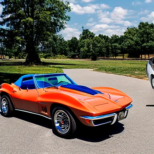 Prompt: a blue 1 9 6 9 corvette parked next to a 1 9 9 9 miata