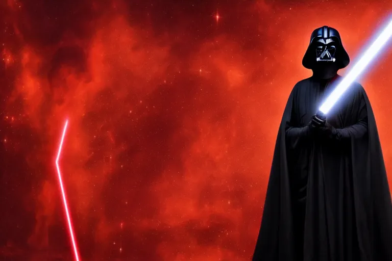 Image similar to a photo of the queen of england as a sith lord in black robes from star wars, photorealistic, 8 k, cinematic, dark red space background