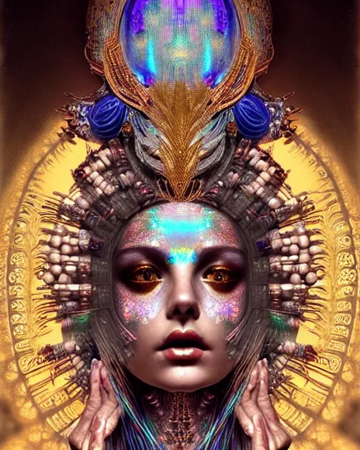 Prompt: hyperrealistic detailed portrait of a beautiful goddess in an iridescent ornamental ritual headdress, intricate cyberpunk make - up, golden face tattoos, insane details, art by ernst haeckel, nekro borja, android jones, john william godward, gothic - cyberpunk, beautiful deep colours,