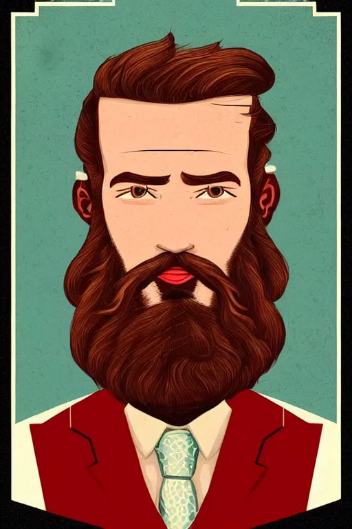 Image similar to an illustration of a portrait of a respectable dignified 3 0 ish pentecostal preacher with kind eyes and red beard and hair in the style of art - deco artwork art by kyle ferrin and loish!, digital art, highly detailed, intricate, sharp focus, trending on artstation hq, deviantart, 4 k uhd image