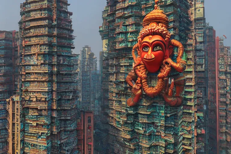 Image similar to high quality 3 d cyberpunk biomorphic hanuman head building in the middle of mumbai!!, kalighat highly detailed, cinematic smooth, stephen shore & john j. park, soft morning light, wide shot, high angle, uhd 8 k, deep focus