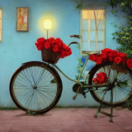 Prompt: a beautiful storybook painting of a vintage yellow Schwinn bicycle with a basket of red roses on the front propped up against a blue wall, anime style by Grzegorz greg rutkowski and Studio Ghibli, nostalgic heart-warming, trending on artstation hq