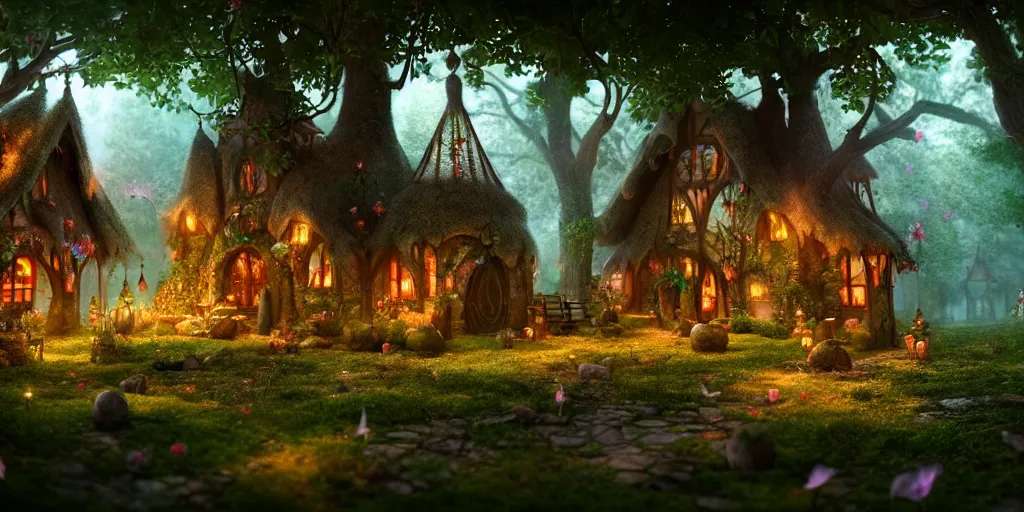 Image similar to inside an ethereal magical fairy village, highly detailed, 8 k, hdr, award - winning, octane render, artstation