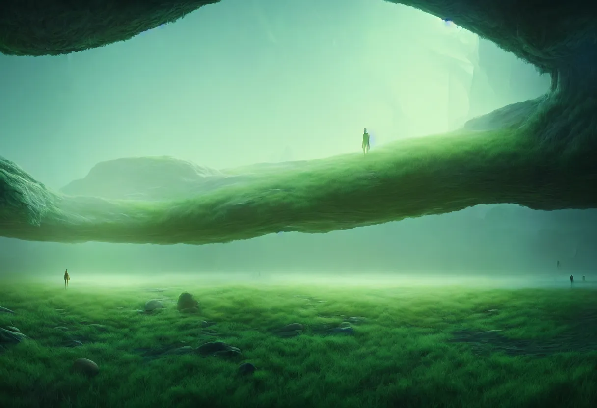 Prompt: inside of alien lush pastel colored landscape of human spirit and imagination, morning fog, matte painting, beautiful render, octane render, concept art