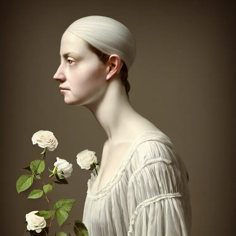 Image similar to hight focus f - 2 2, 8 5 mm, iso 1 0 0 : a wonderful realistic focused face portrait of a lonely woman with a detailed wonderful symmetrical face who is dressed with a wonderful, majestic, large semi transparent white cotton dress ornate with semi transparent cotton roses, no arms visible, dramatic light, octane render, by roberto ferri style
