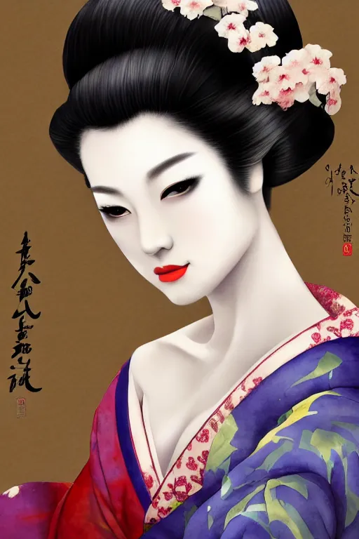 Image similar to sensual and very seductive geisha, digital art, 8k, character, realistic, portrait, photorealism, japan watercolour, masterpiece art