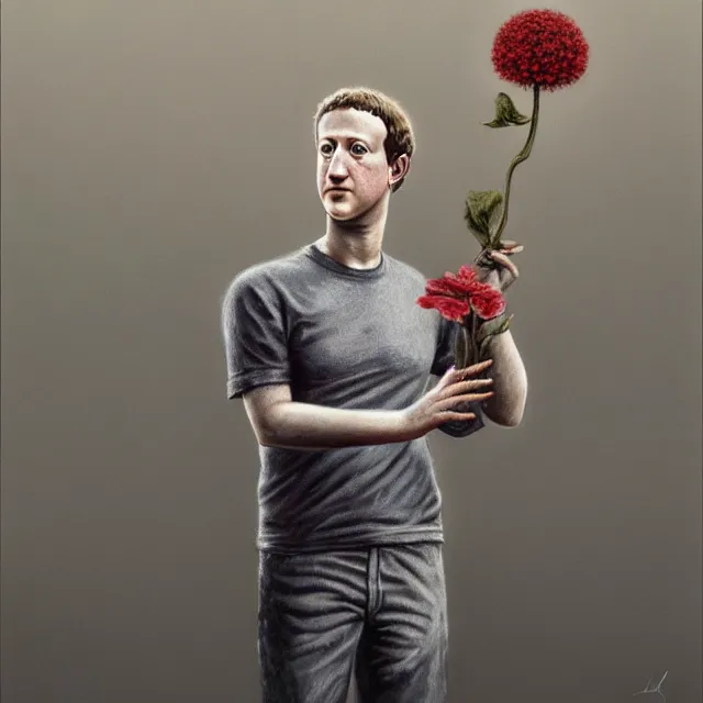 Image similar to mark zuckerberg holding a flower by hr giger and Zdzisław Beksiński, trending on artstation, realistic, detailed, concept art, horror, illustration, oil painting