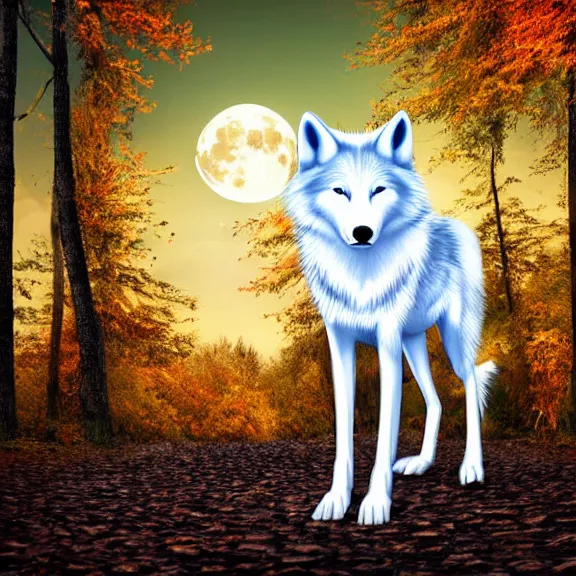 Image similar to white wolf with blue eyes stands in a dark night dormant autumn forest with magic moon in sky, no yellow color in eyes, no yellow color, realistic