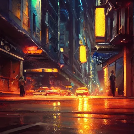 Prompt: an epic painting of the city street at night, oil on canvas, cold colors, perfect composition, golden ratio, beautiful detailed, photorealistic, digital painting, artstation, concept art, smooth, sharp focus, illustration, cyberpunk background, artstation trending, octane render, unreal engine