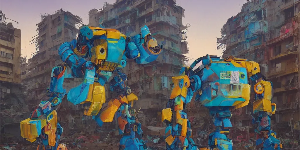 Image similar to colourful - damaged - giant mecha ROBOT of AJEGUNLE SLUMS in Lagos, markings on robot, Golden Hour, painting by Hsiao-Ron Cheng,