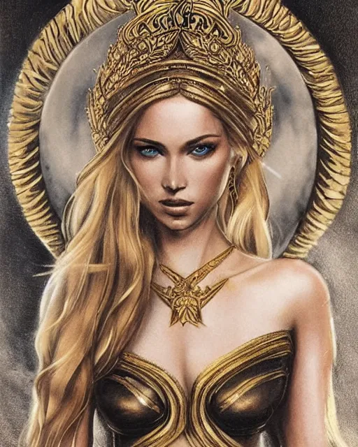 Image similar to tattoo design sketch of hot blonde super model as aphrodite greek goddess wearing a gold laurel wreath and triangle earrings, beautiful piercing gaze with sharp pupils, in the style of greg rutkowski, fantasy, amazing detail, epic, elegant, smooth, sharp focus, front view