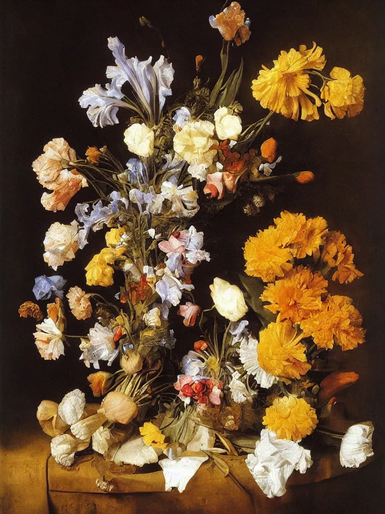 Prompt: painting, Dutch style, old masters, Jan Davidszoon de Heem, still life with flowers, iris, marigold, rose, lilies, by Rembrandt