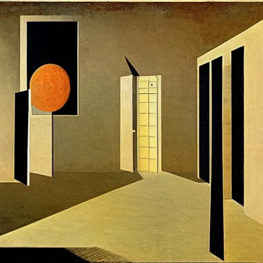 Image similar to in a dream, are all the characters really you? a parade of disconnected images : obscure corners of nameless interiors, astronomical diagrams projecting the distances between celestial bodies, a painting by giorgio de chirico, a list of unpopular anagrams.