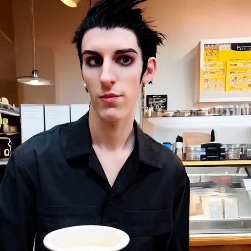 Image similar to a tall anime boy with black hair, blue eyes and piercings working at a café, detailed