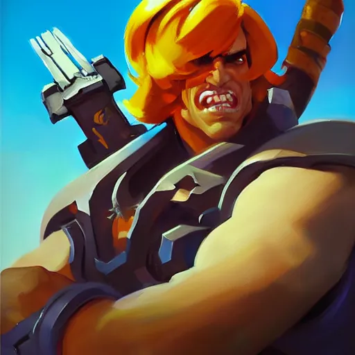 Image similar to Greg Manchess portrait painting of He-Man as Overwatch character, wacky, medium shot, asymmetrical, profile picture, Organic Painting, sunny day, Matte Painting, bold shapes, hard edges, street art, trending on artstation, by Huang Guangjian and Gil Elvgren and Sachin Teng