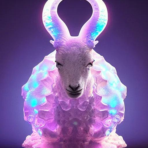 Image similar to a crystalline 3 d mandelbulb fractal in the shape of a lamb, bioluminescent opal, fractal, magnificent lighting, ethereal, ray tracing, octane, holographic, portrait