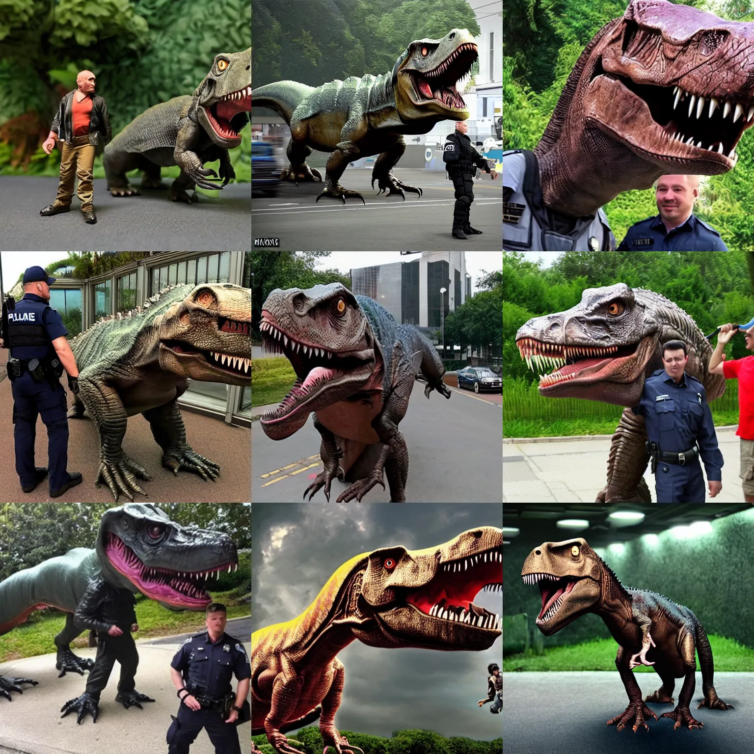 Prompt: t-Rex from jurassic park with a policeman in its mouth, ultra realistic, highly detailed