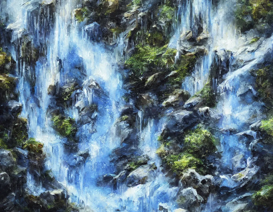 Image similar to hyper realistic oil painting of little sphere planet frozen, with waterfall, floating in the air, hd, hdr, by stanisław wyspianski, ultra detailed, high resolution