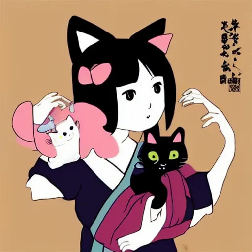 Prompt: japanese girl and cat fusion, cute