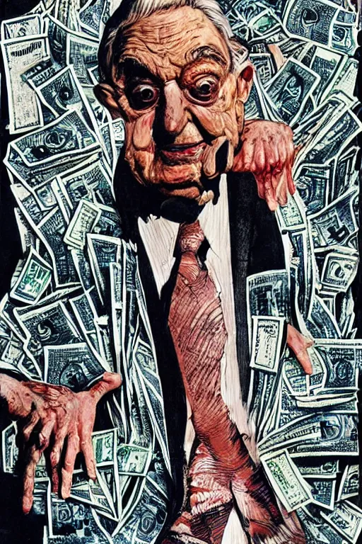 Image similar to George Soros full body shot, dollar bills Body horror, biopunk, by Ralph Steadman, Francis Bacon, Hunter S Thompson