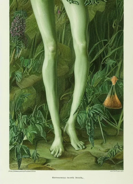 Image similar to fantasy scientific botanical illustration of a green tall plant walking around with human legs