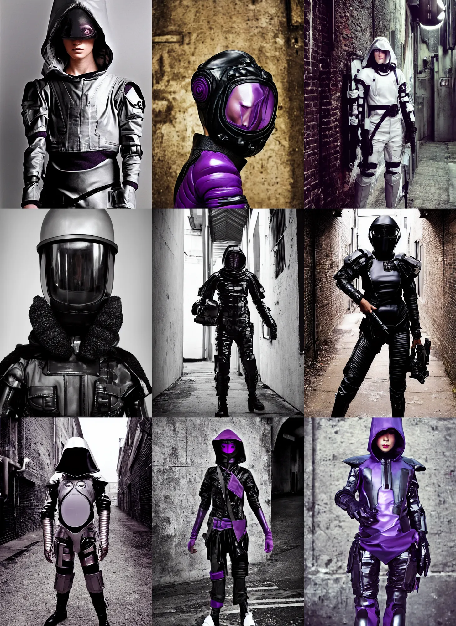 Prompt: beautiful fashion model with white sci - fi tactical gear, black leather garment, purple transparent sci - fi hood, full shot fashion photography, alleyway, battle ready, by irving penn and storm thorgerson, ren heng, peter elson