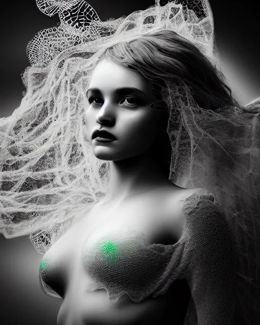 Image similar to surreal mythical dreamy dark artistic black and white fine art photo of a beautiful young female angel - mermaid - cyborg covered with translucent algae lace web, rim light, cinematic, studio dramatic light, poetic, octane render, 8 k, photo - realistic, by floria sigismondi