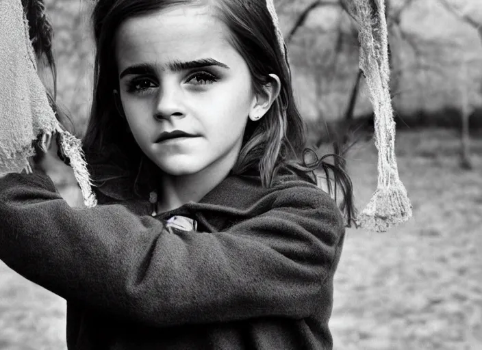 Image similar to professional fine detailed photo portrait of young emma watson from makhachkala, dagestan. kid emma watson in the postsoviet suburbia, iphone photo, instagram, black and white - - cfg _ scale 7