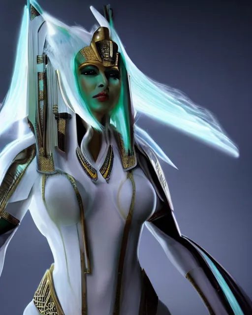 Image similar to perfect white haired attractive egyptian goddess, warframe armor, pharaoh headdress, beautiful, symmetric, dreamy, half asian, pretty face, green eyes, charlize theron, detailed, scifi platform, laboratory, experiment, 4 k, ultra realistic, epic lighting, android body, illuminated, cinematic, masterpiece, art by akihito tsukushi, voidstar