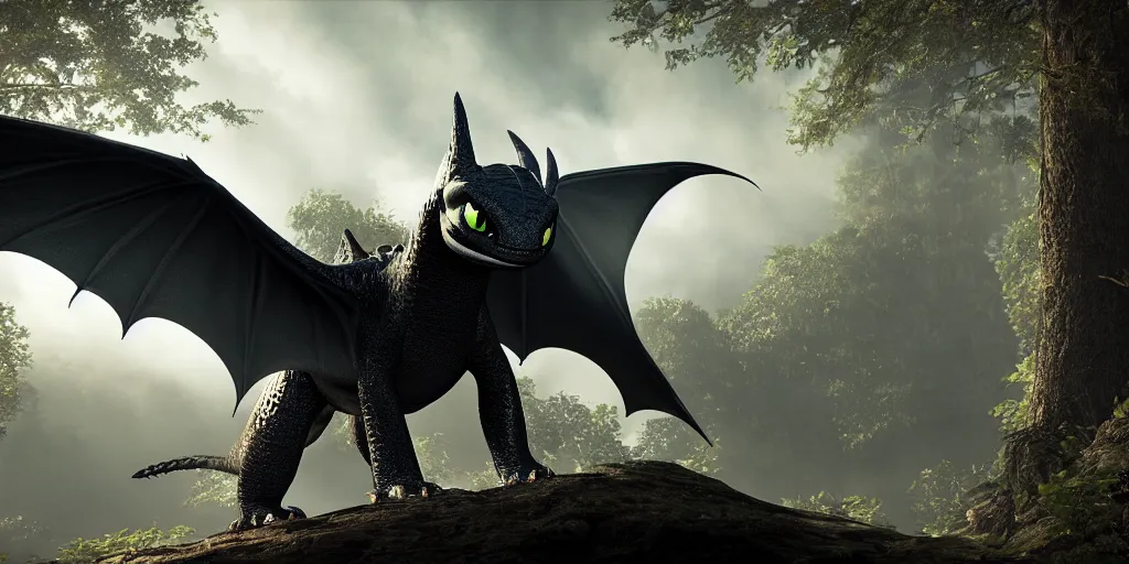 Image similar to photorealistic full shot of toothless at moonlight, high detail, unreal engine 4k volumetric light, fog,