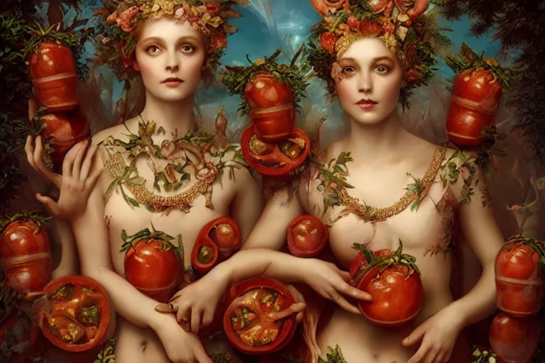 Image similar to the goddess of canned tomato paste surrounded by a court of nymphs, by tom bagshaw peter kemp, beautiful highly symmetric faces