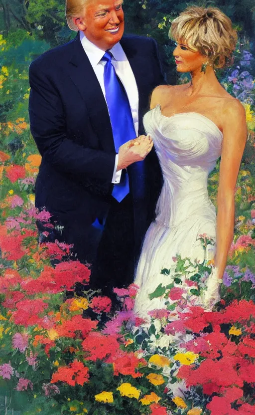 Image similar to romantic portrait of donald trump in an elegant dress surrounded by beautiful flowers, by gregory manchess, james gurney, james jean