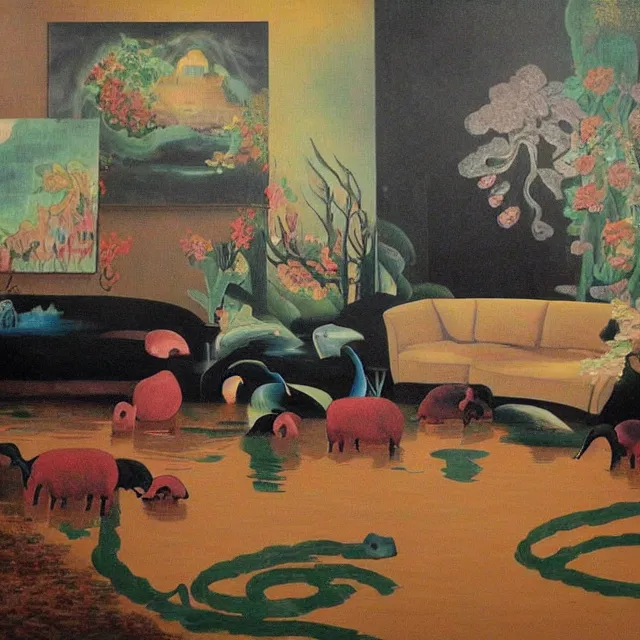 Prompt: emo artist in her flooded lounge room, painting of flood waters inside an artist's loungeroom, a river flooding indoors, pomegranates, pigs, ikebana, zen, water, octopus, river, rapids, waterfall, black swans, canoe, berries, acrylic on canvas, surrealist, by magritte and monet