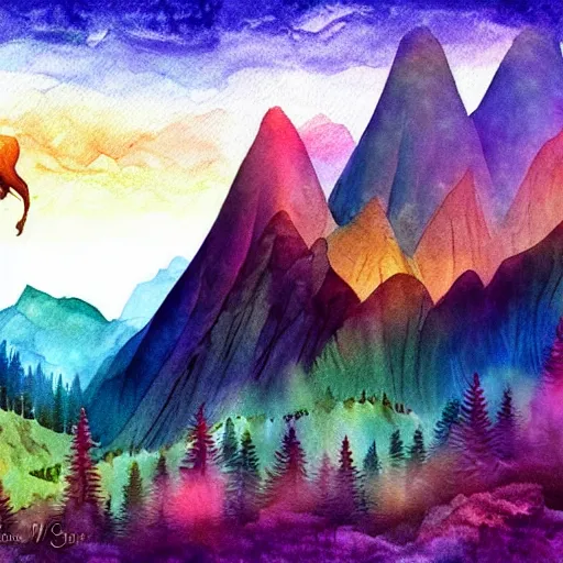 Prompt: the beautiful mountains with a presence of mythical creatures, digital art, watercolor