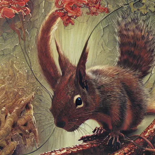 Prompt: realistic detailed image of a robotic squirrel by Ayami Kojima, Amano, Karol Bak, Greg Hildebrandt, and Mark Brooks, Neo-Gothic, gothic, rich deep colors. Beksinski painting, part by Adrian Ghenie and Gerhard Richter. art by Takato Yamamoto. masterpiece