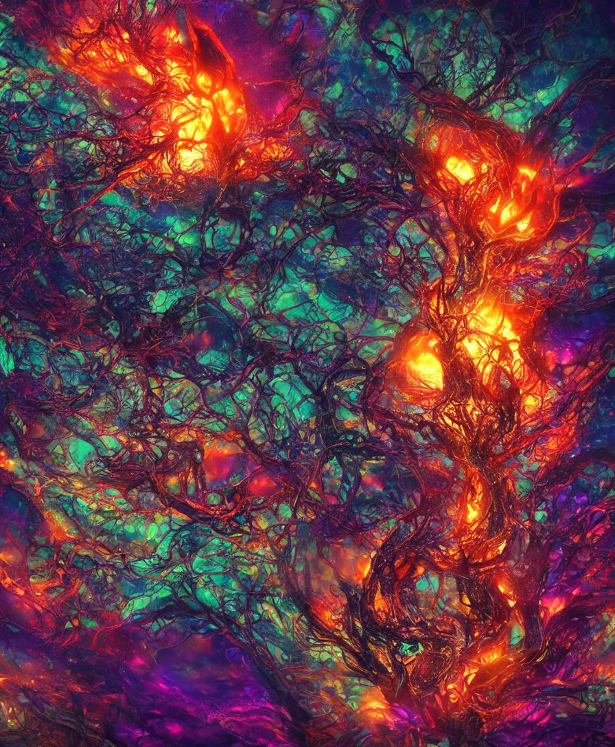 Image similar to hyper detailed 3 d render. realistic broken heart on fire tangled in psychedelic fungus. iridescent textures. highly detailed fantasy science fiction painting by vrubel and chris cunningham. dark and volumetric. artstation