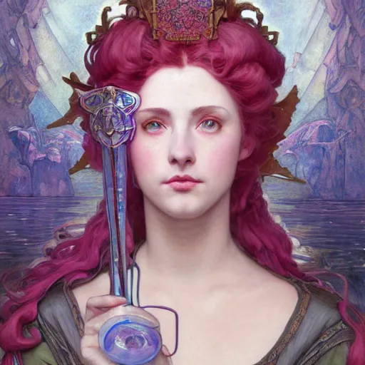 Prompt: Masterpiece head and shoulders portrait of Fiora from League of Legends of Arcane animated Series with pink and blue short hair and arcane armor drawn by Donato Giancola and Tom Bagshaw, Edmund Leighton, Alphonse Mucha, background by James Jean and Gustav Klimt, 4k, porcelain skin, volumetric lighting, komorebi, french nouveau, trending on artstation, octane render, hyperrealistic