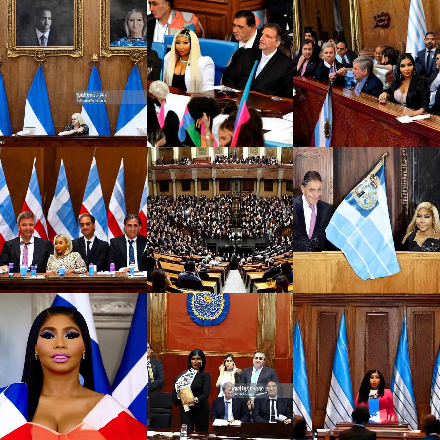 Image similar to Nicki Minaj president of Argentina, in the Argentine Congress, flags of Argentina behind, detailed picture