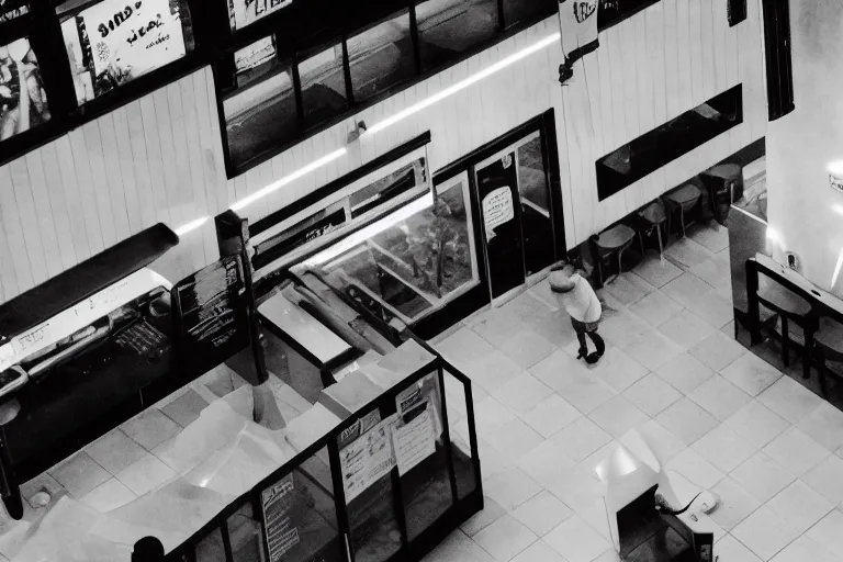 Prompt: overhead view, surveillance, black and white, grainy image, an empty fast food restaurant lobby with a lion that is roaring